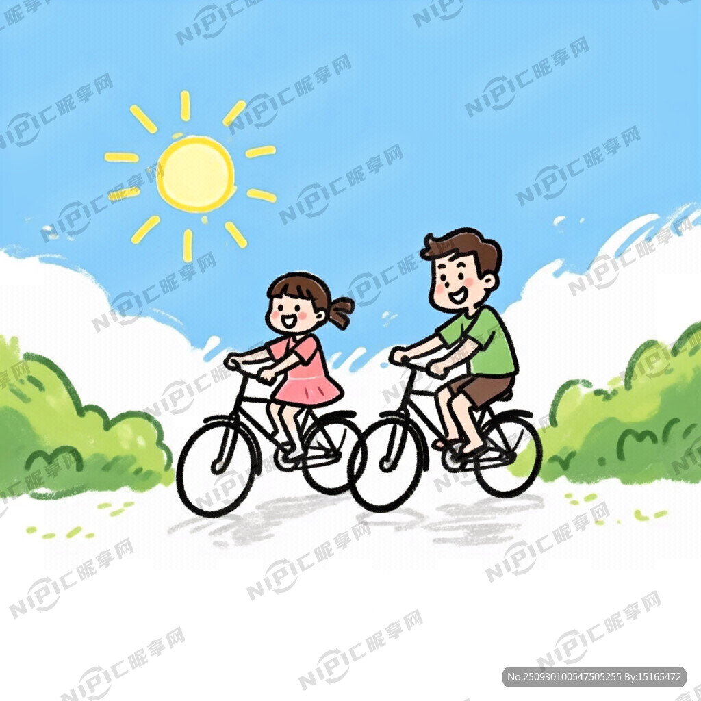 父女俩骑车野外骑行的画面