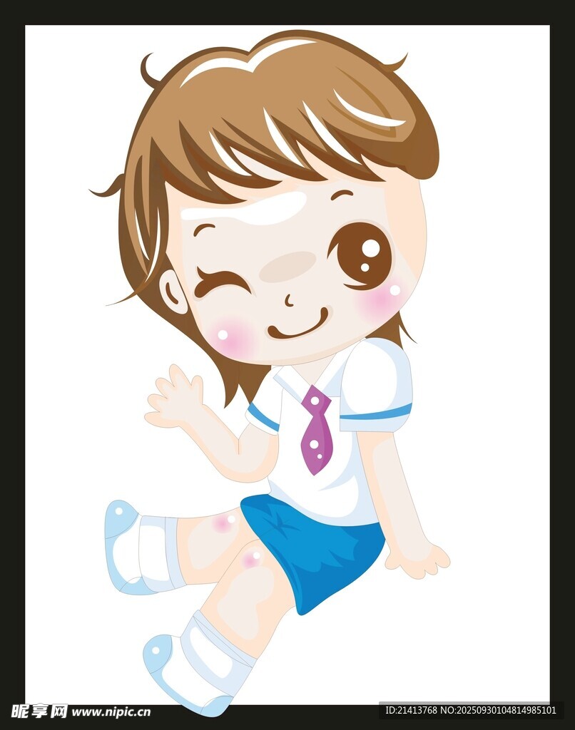 可爱坐姿的卡通校园女孩
