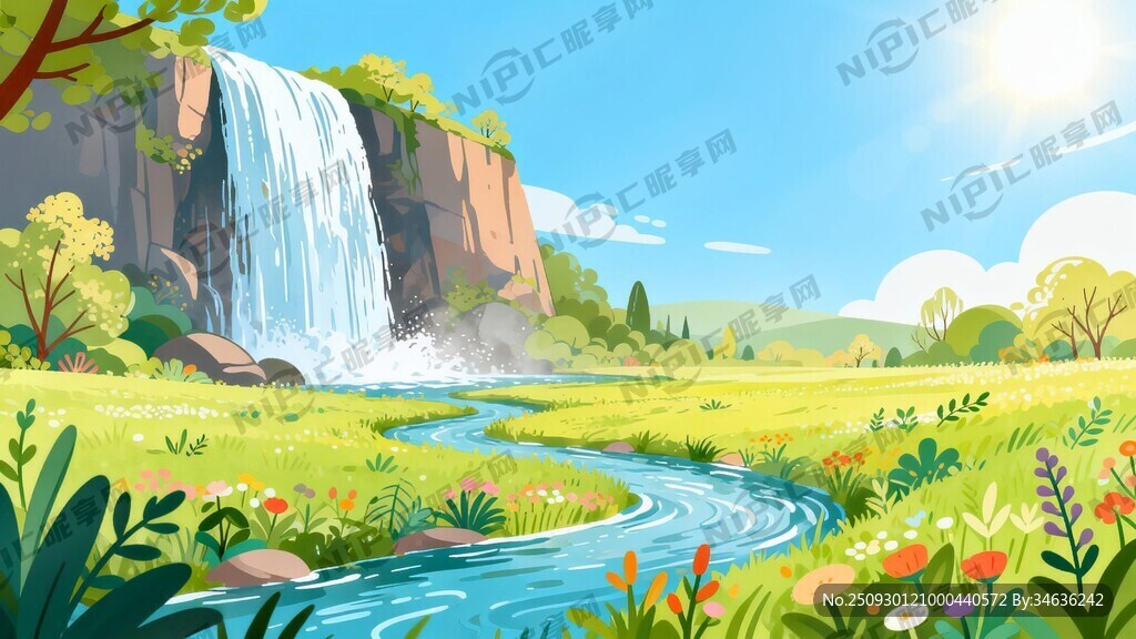 瀑布河流 平原草地 自然风光