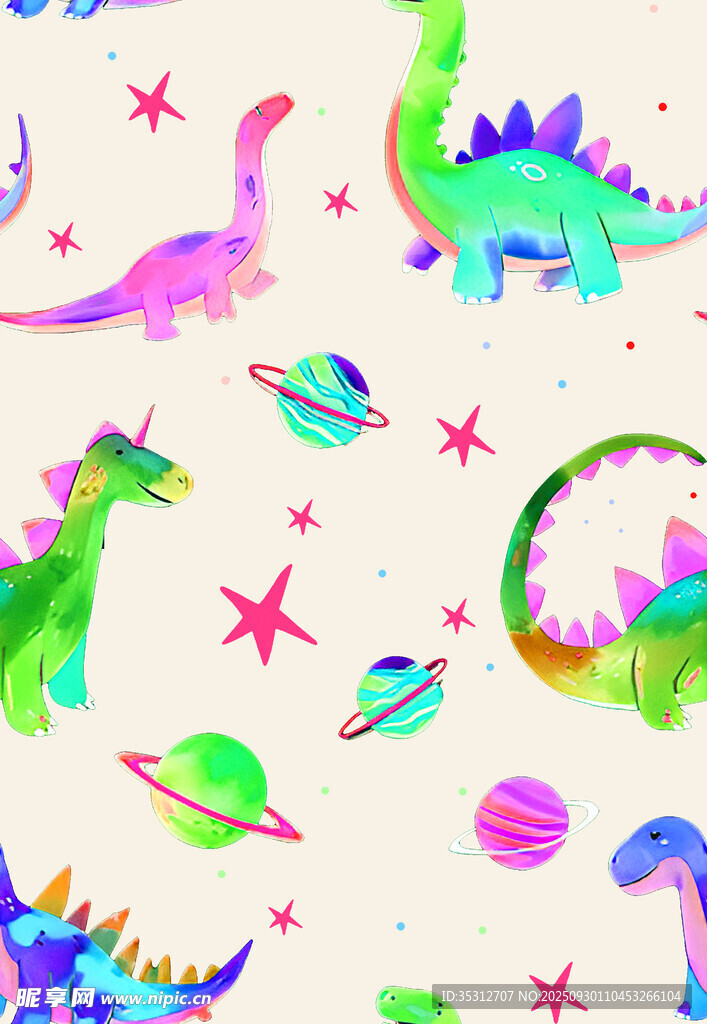 多彩恐龙与星球梦幻图案
