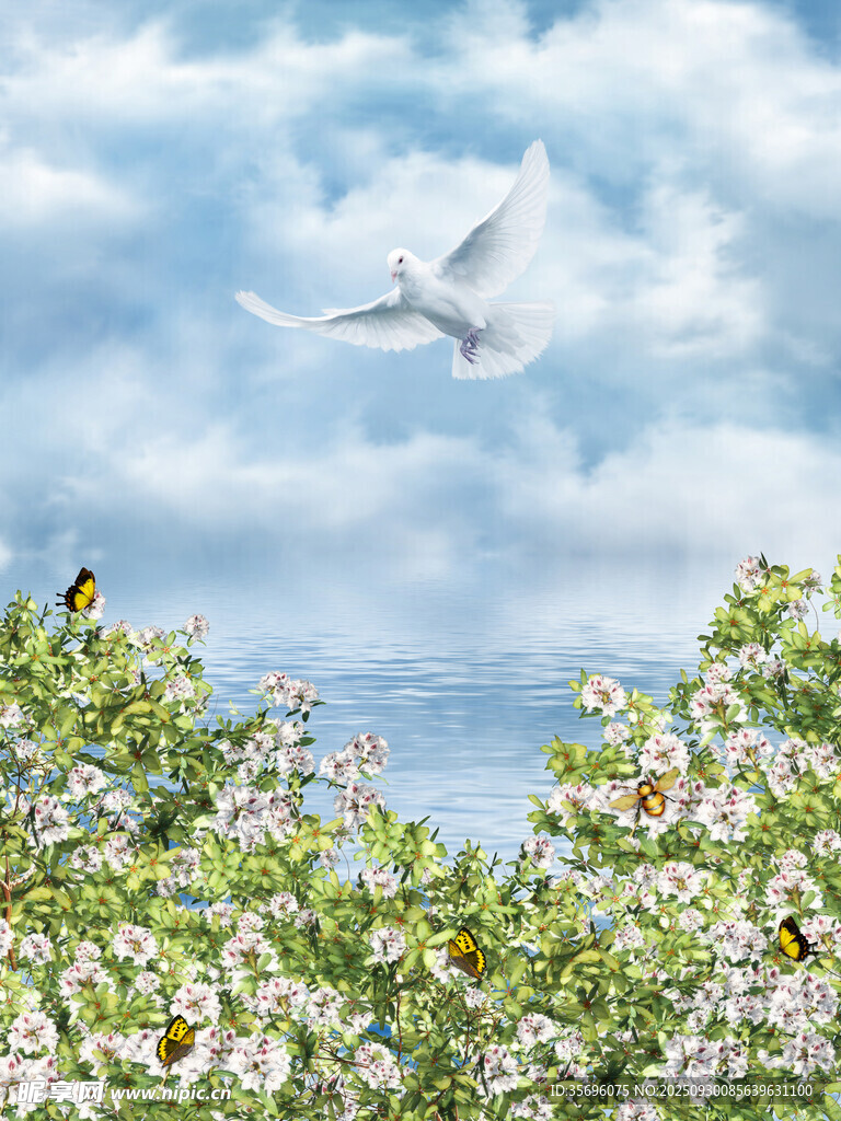 白鸽翔于繁花绿树间