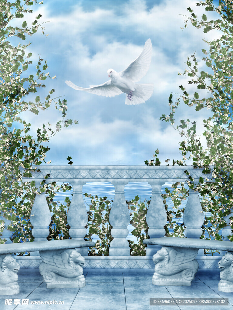 梦幻海景前的白鸽与绿植
