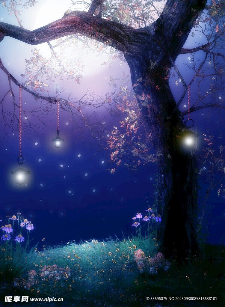 梦幻月夜下的繁花古树