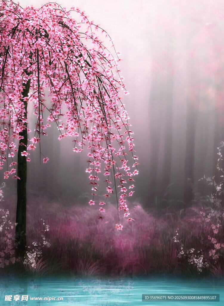 梦幻垂樱下的静谧水景