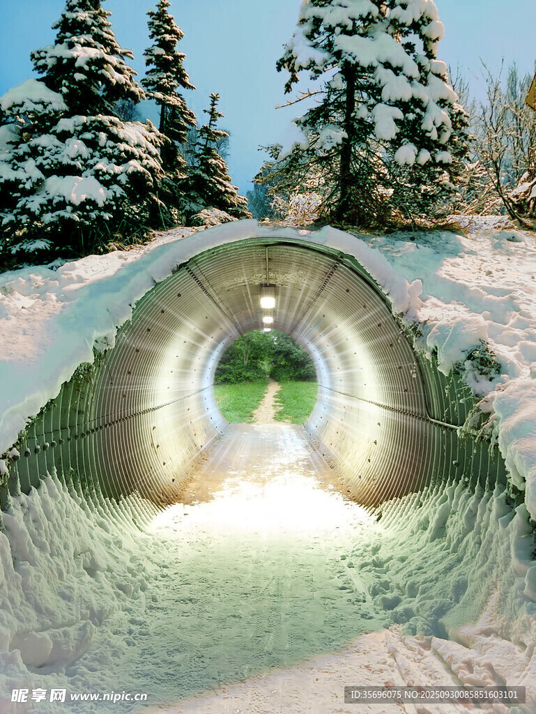 雪中小径尽头的梦幻之光