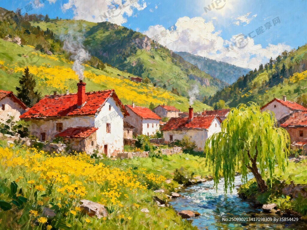 画一副色彩艳丽 山村的图片