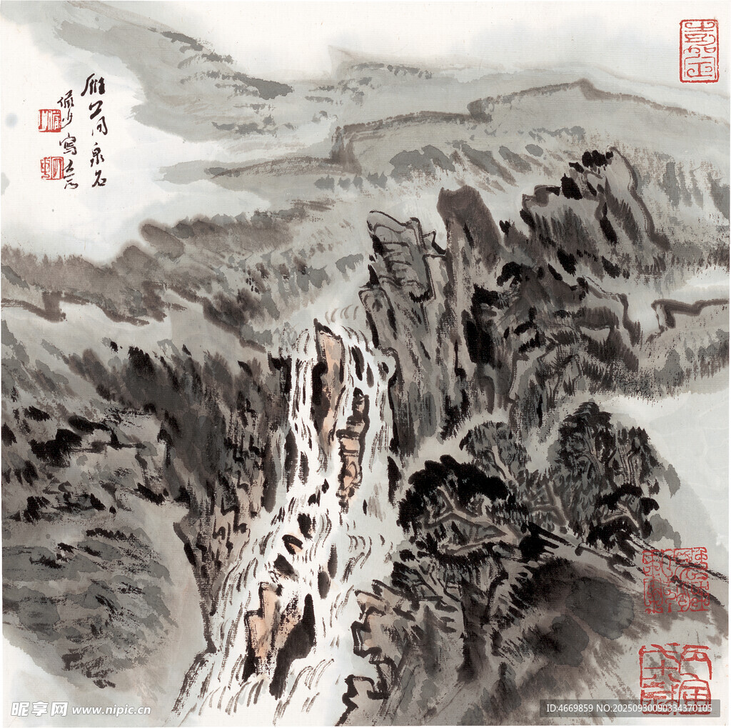 水墨山水国画中的巍峨山峦