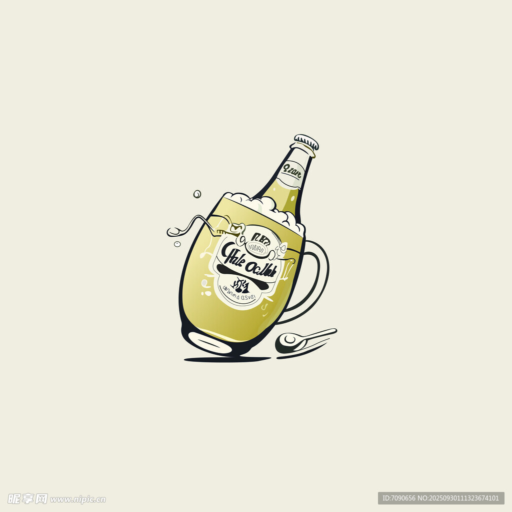 手绘倾斜啤酒瓶插画