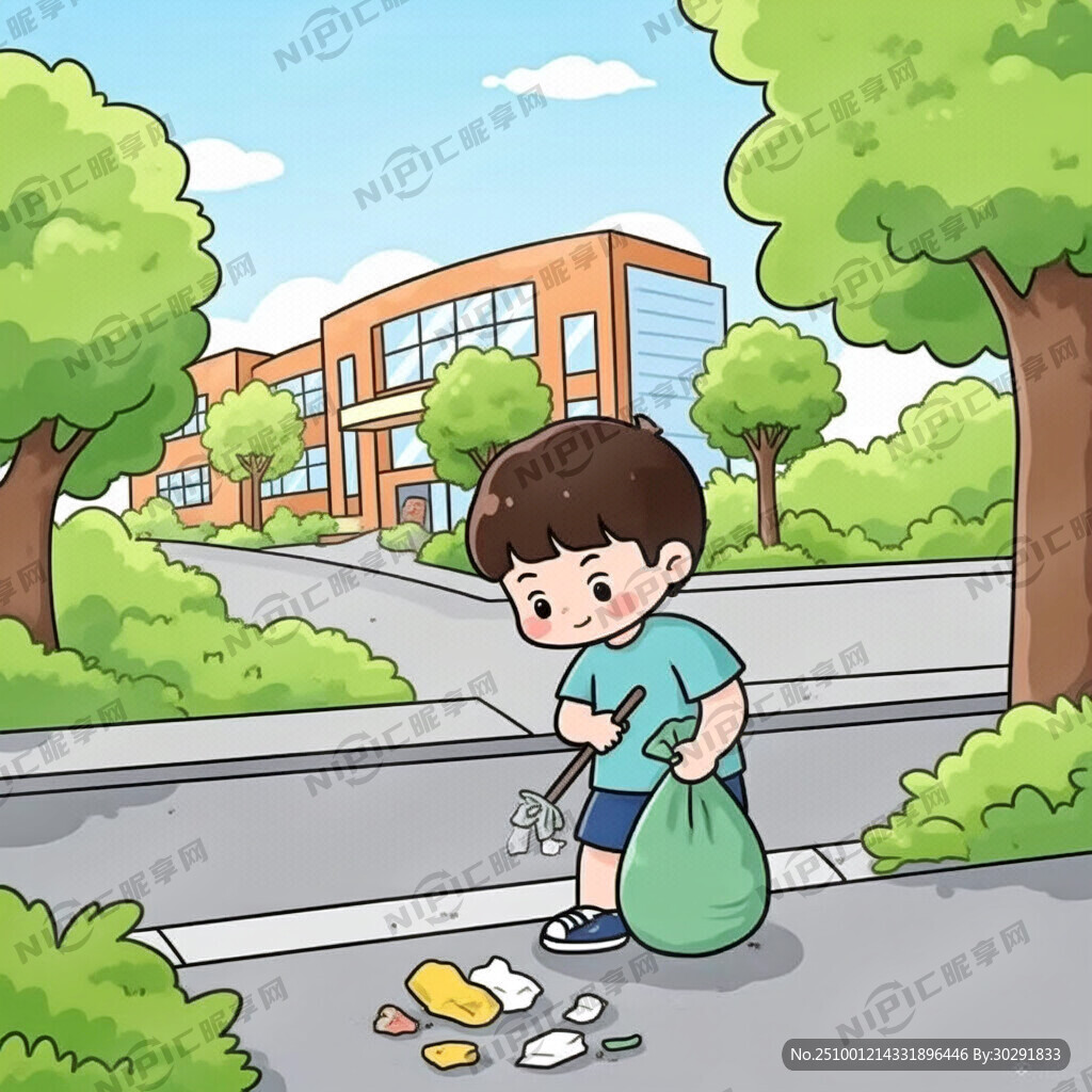 校园环保卫生捡垃圾卡通图