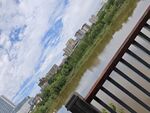 河畔栏杆外的城市风光
