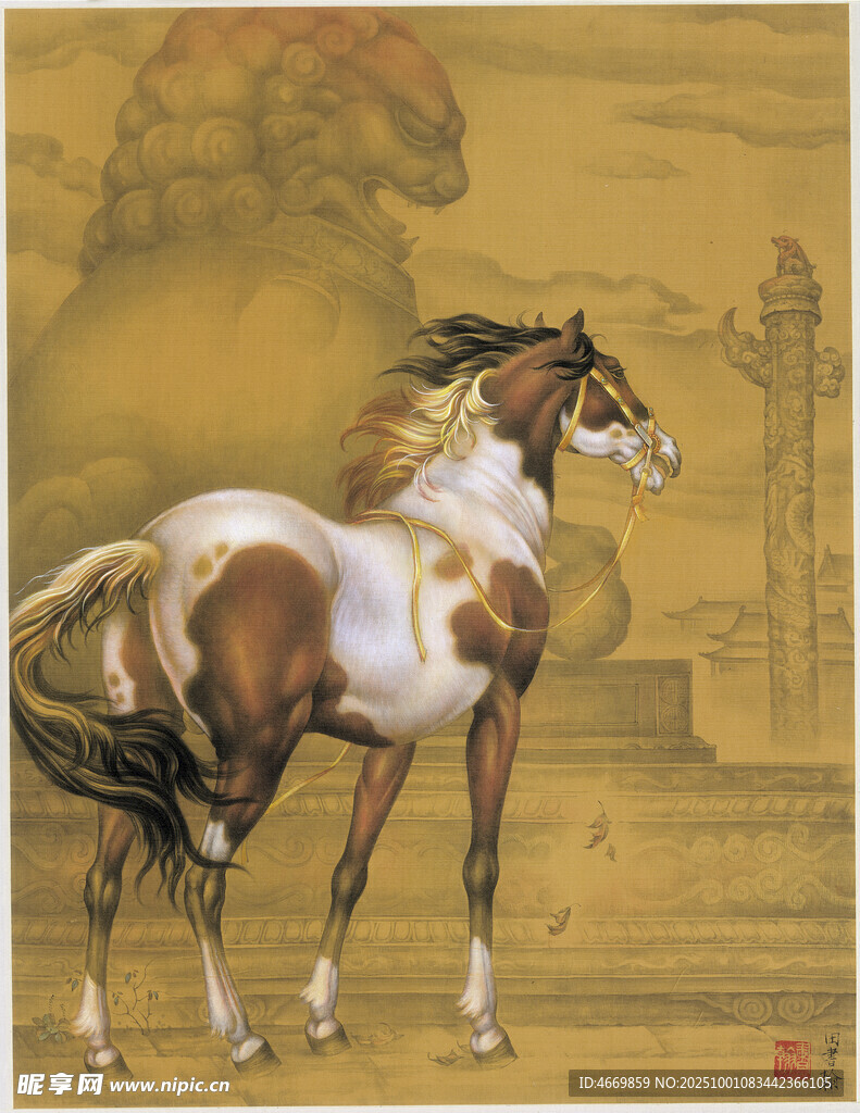 优雅棕白马匹艺术画作
