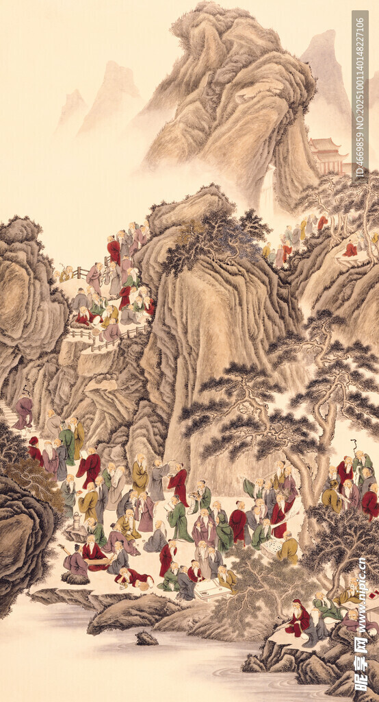 水墨山水间的绚烂花卉