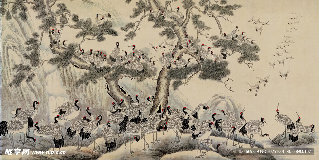 水墨群鸭栖于树下图景