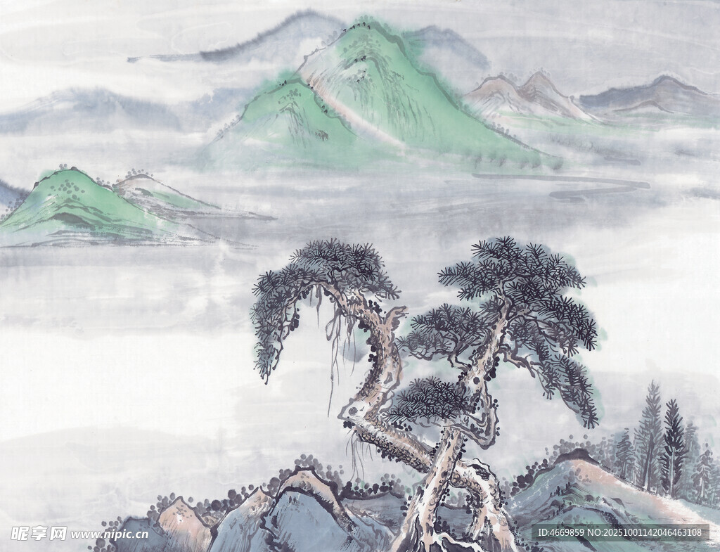 水墨山水间的苍松挺立