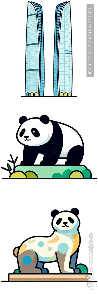 熊猫与城市建筑趣味插画