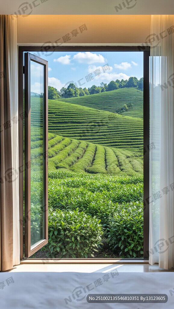 在酒店里推开窗看到万亩茶园