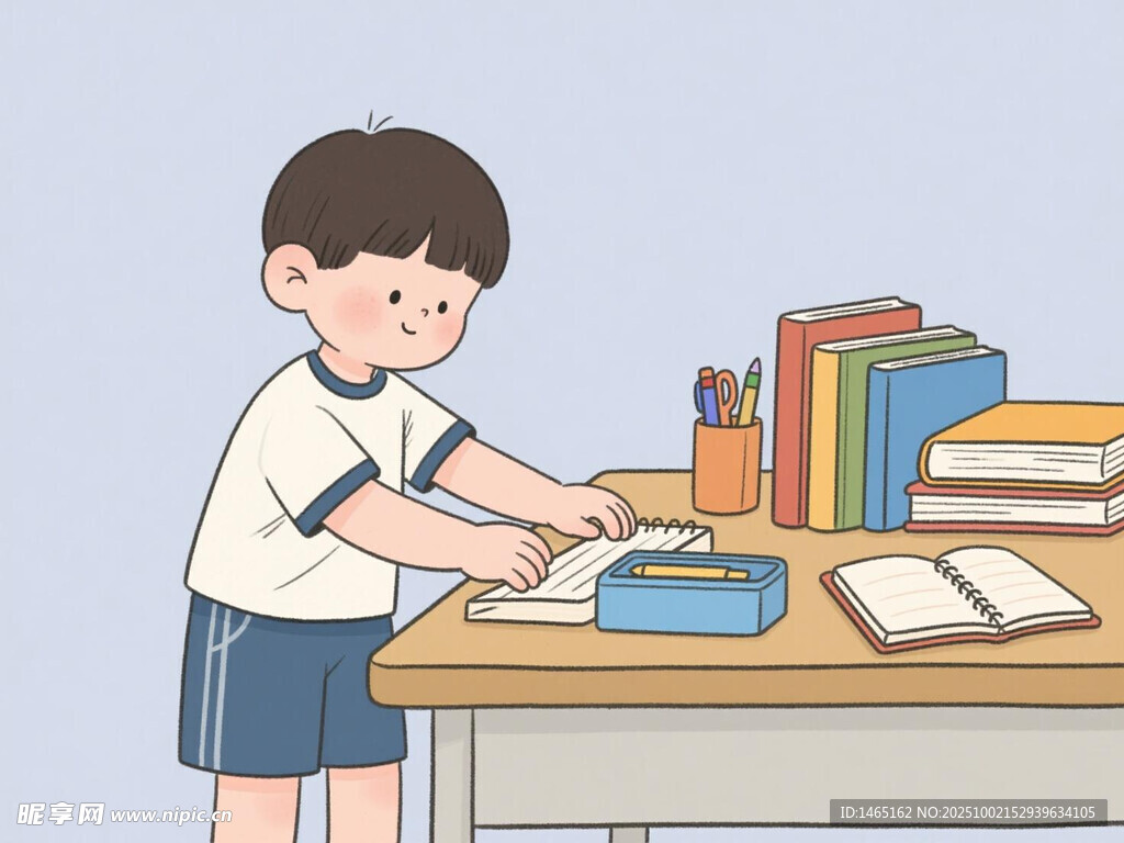 整理书桌的小学生