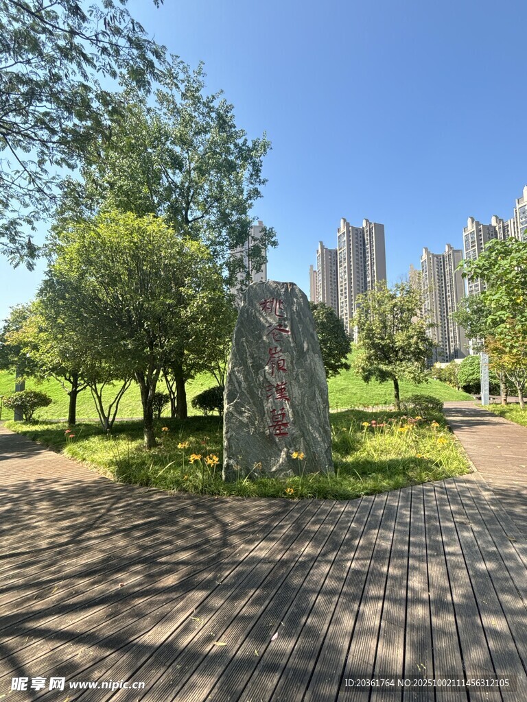 城市公园中的绿树与巨石