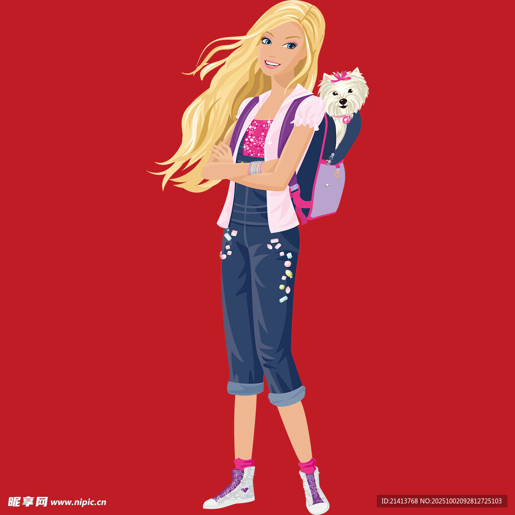 金发芭比女孩怀抱宠物