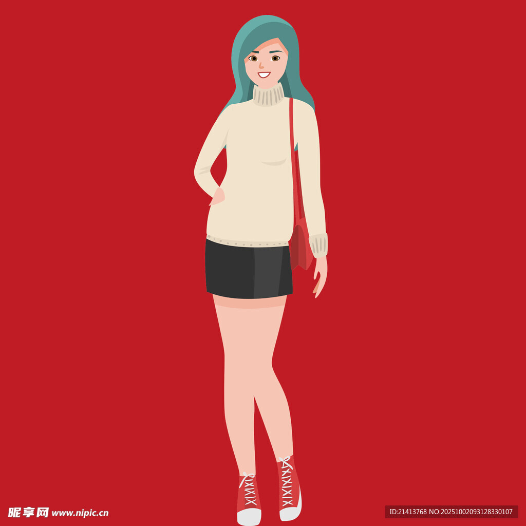 时尚女孩红色背景穿搭展示