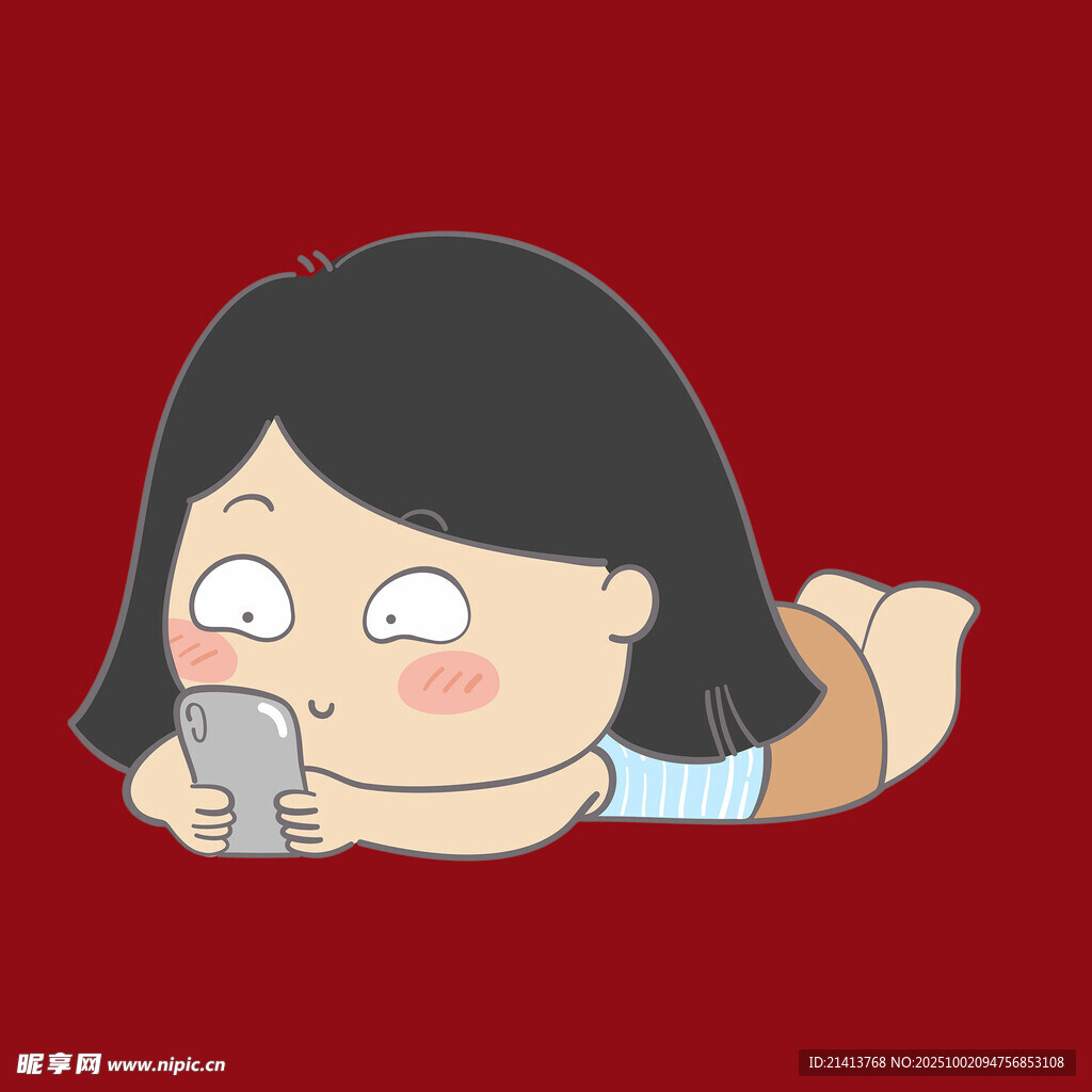 趴着玩手机的可爱女孩