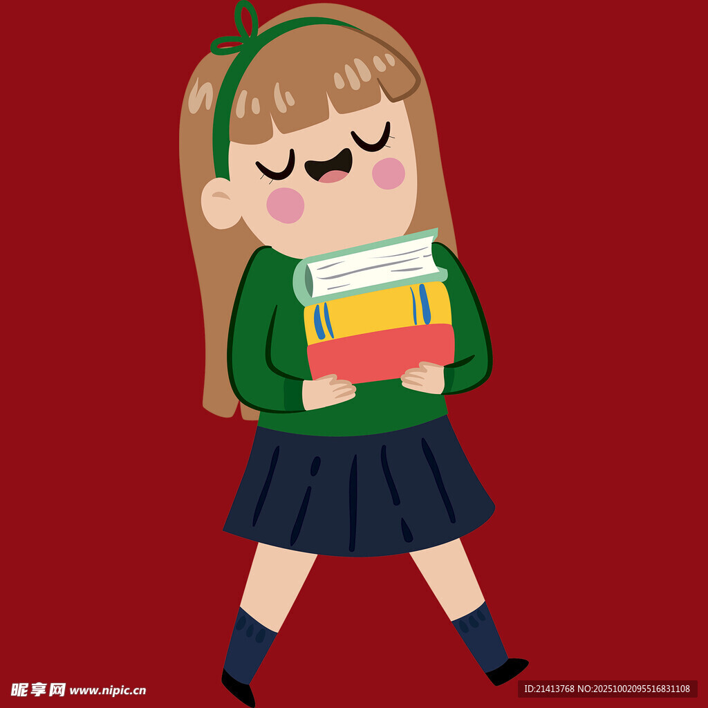 背着书包捧书的可爱女孩