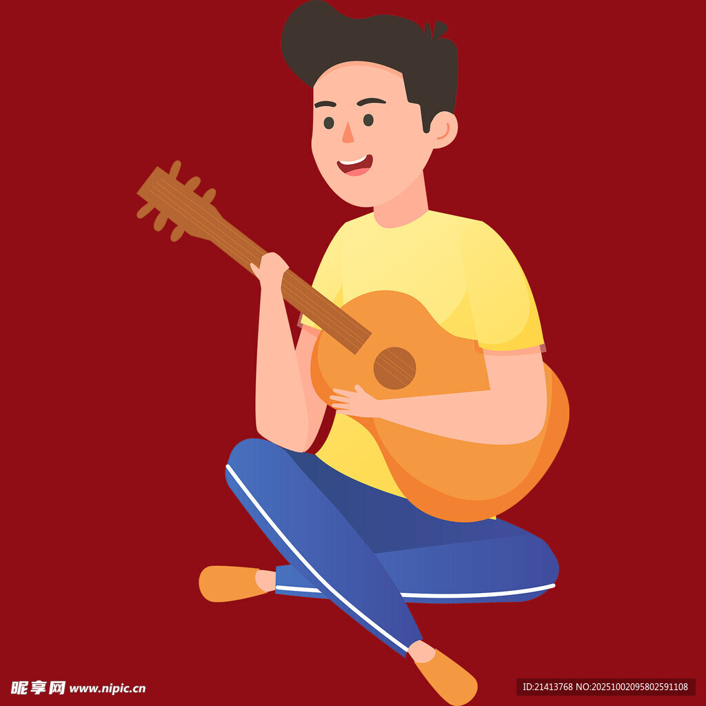 男孩席地而坐弹吉他
