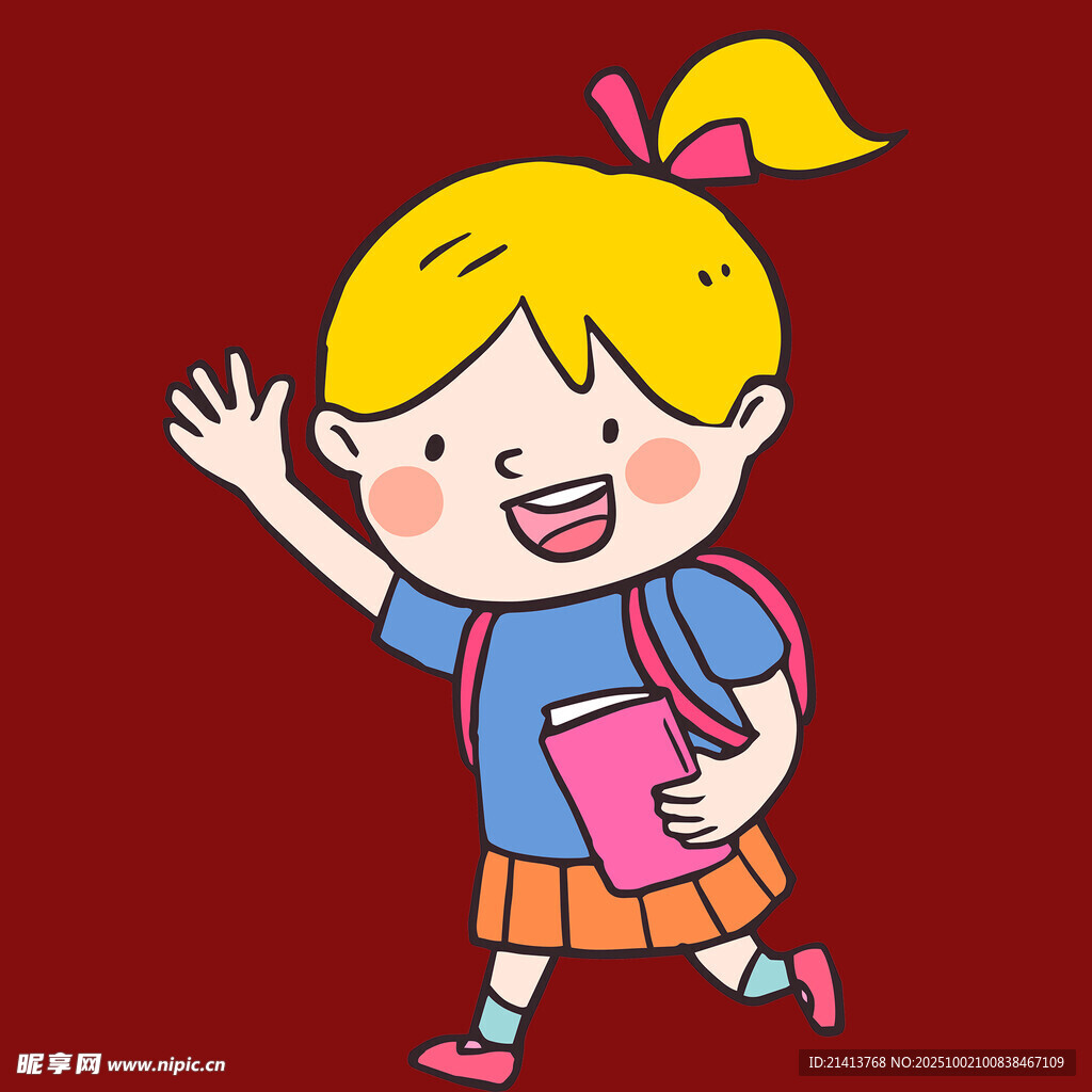 背着书包上学的快乐女孩