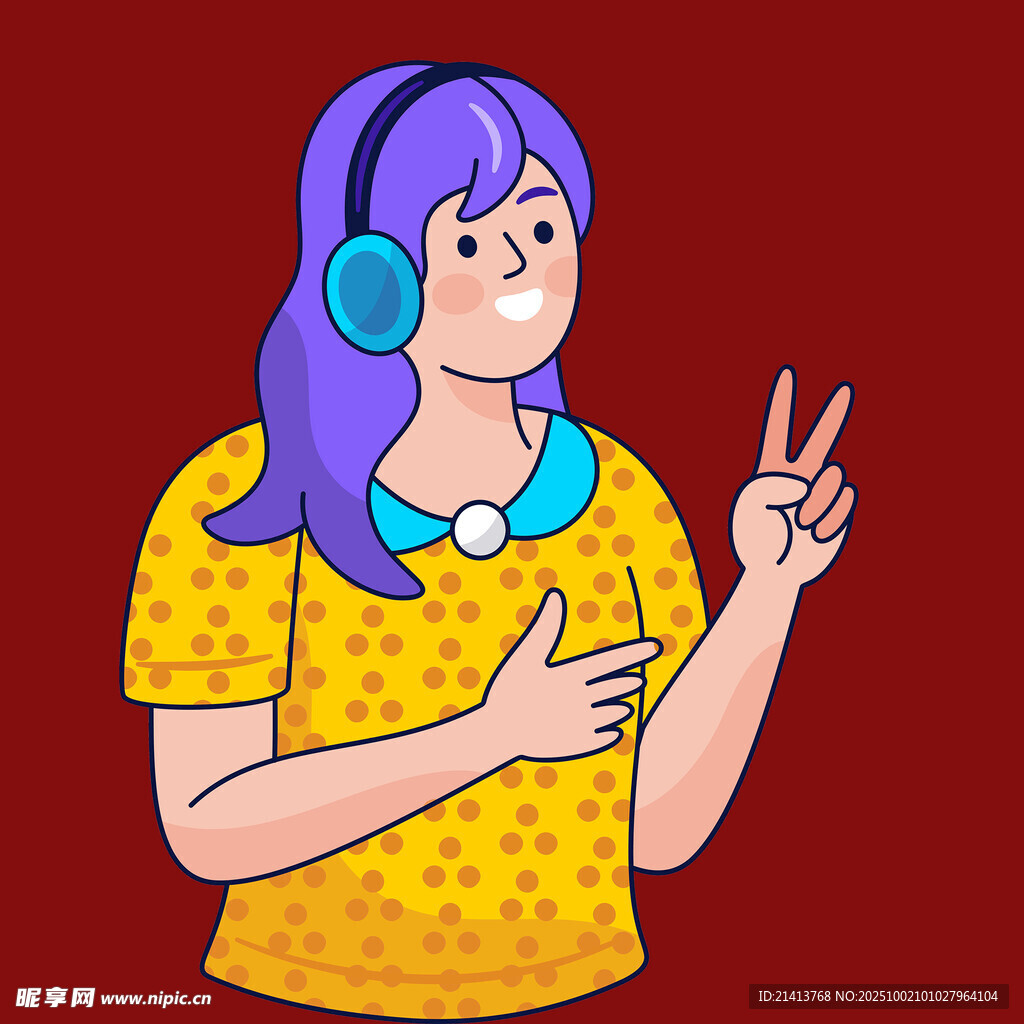 戴耳机比耶的活力女孩