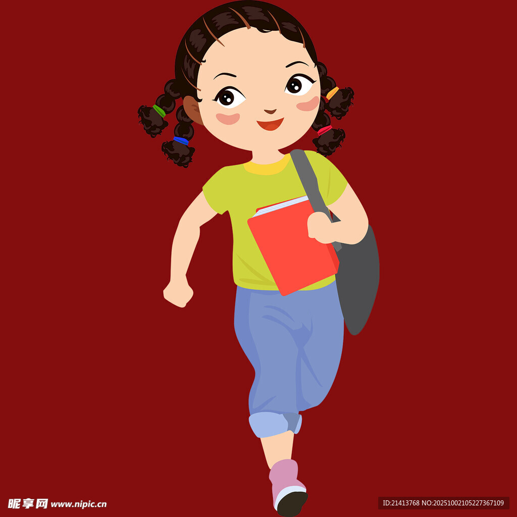 背着书包奔跑的快乐女孩