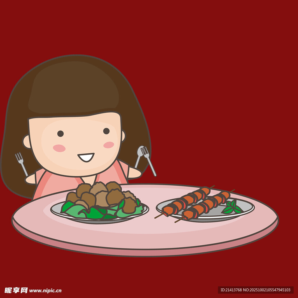 女孩开心享用两盘美食