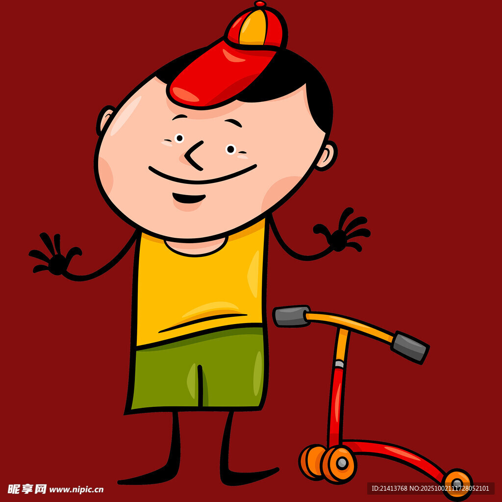 戴帽男孩与红色滑板车