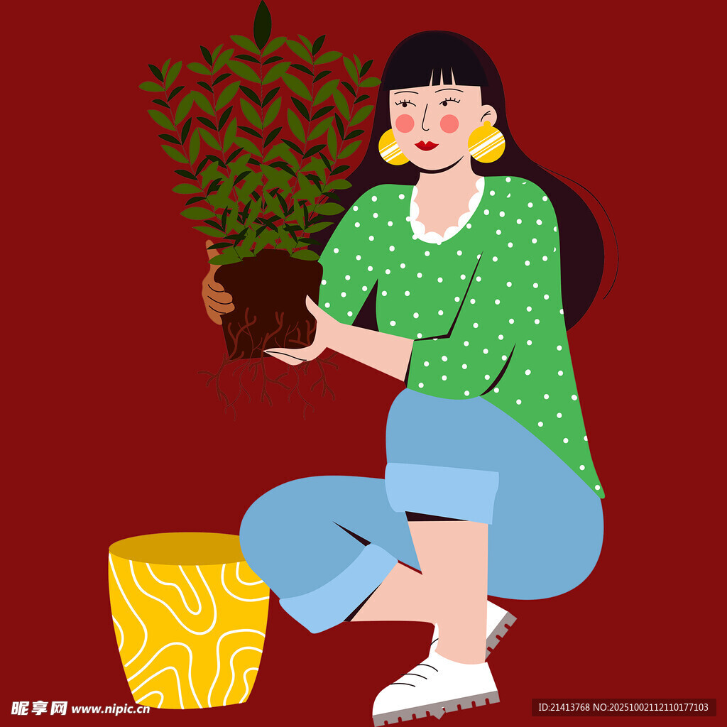 女孩专注栽种绿植瞬间