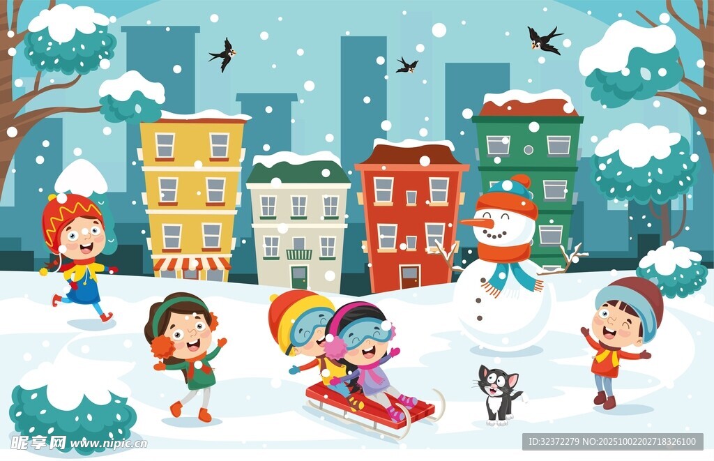 冬日城市里的儿童欢乐雪景