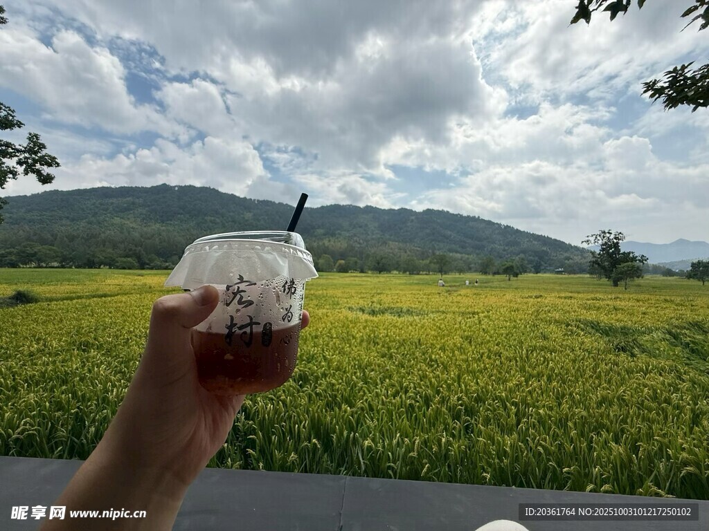 田野间手持饮品惬意一刻