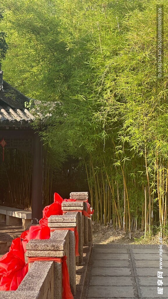 古亭旁竹林间的红绸围栏