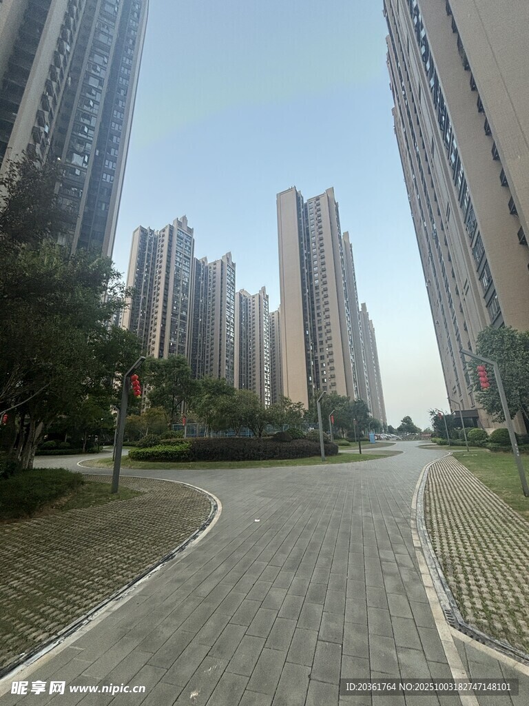 城市宽阔道路旁的高楼群