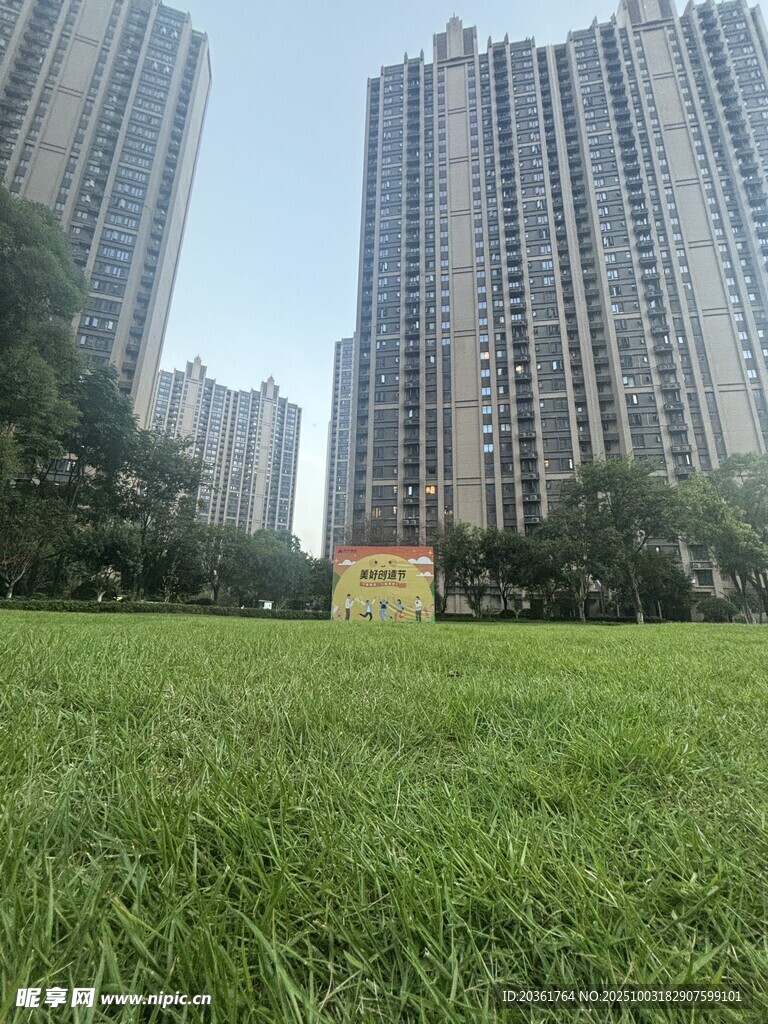 城市草地旁的高楼景观