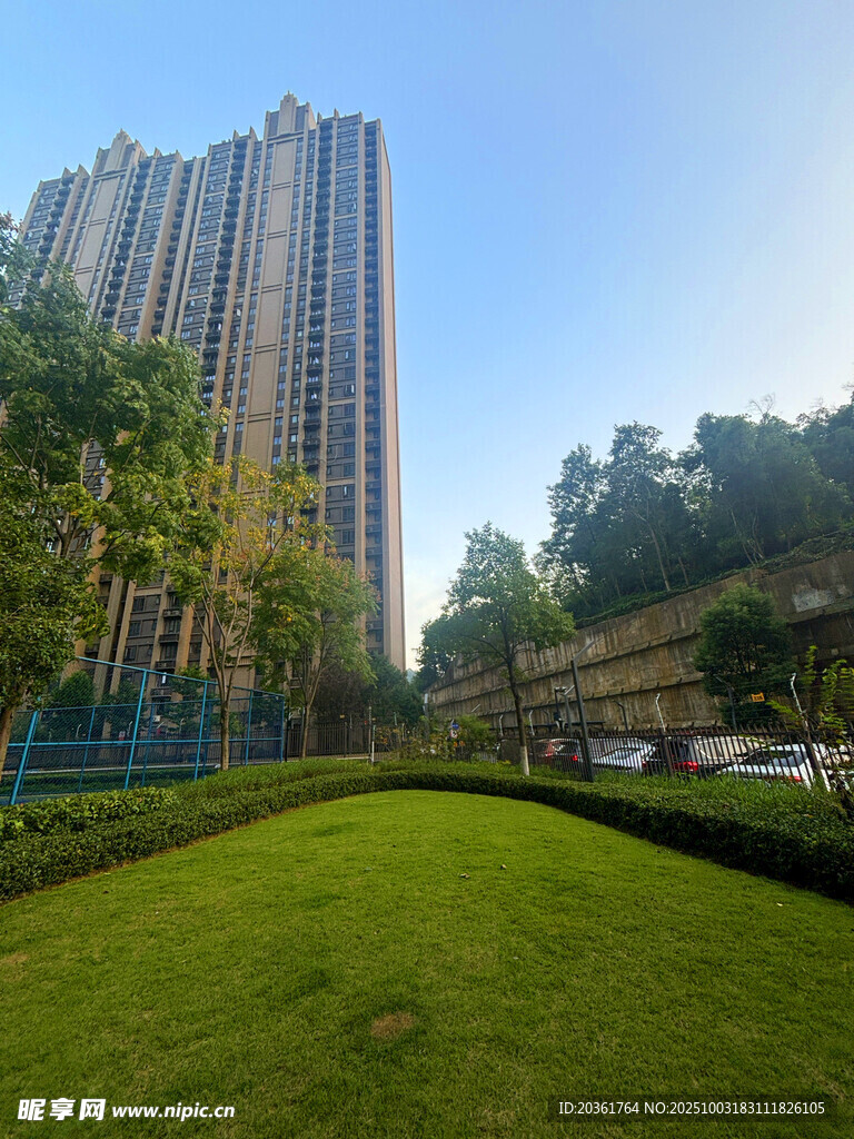 城市中高楼旁的翠绿草坪