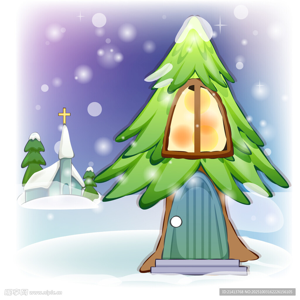 雪夜中的童话圣诞树小屋