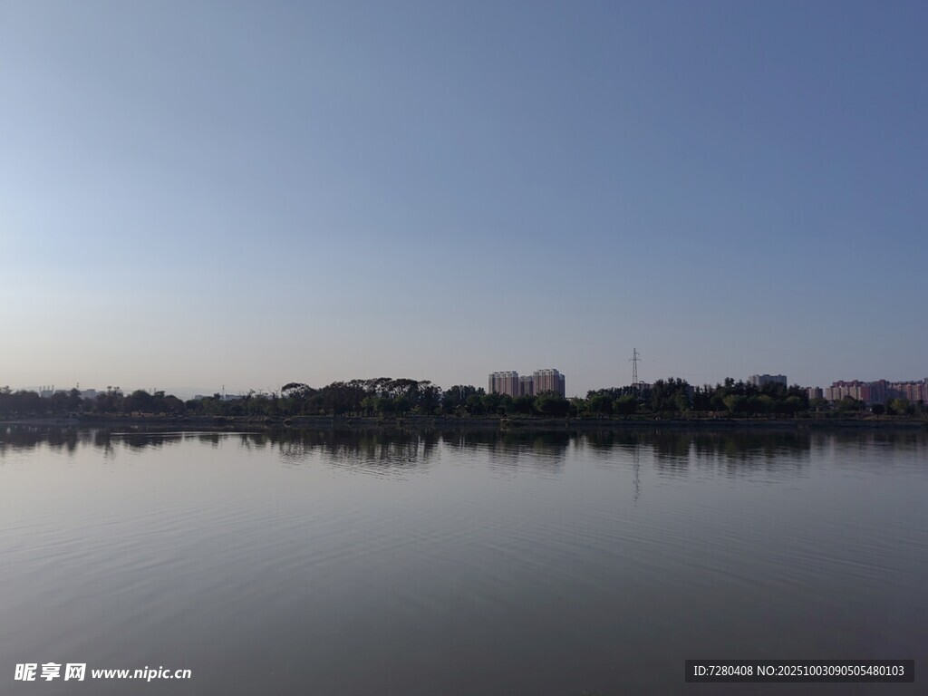 宁静湖面与远处树林景观