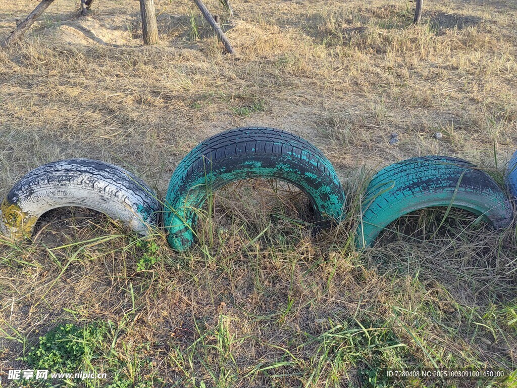 废弃轮胎置于枯黄草地中