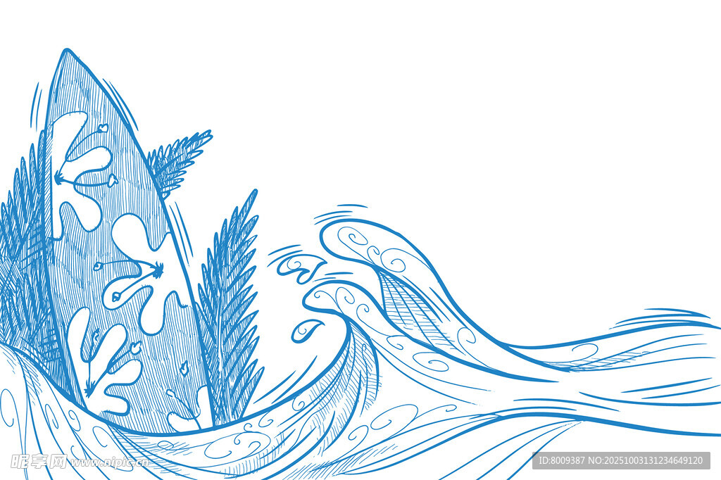 蓝色海浪与冲浪板插画