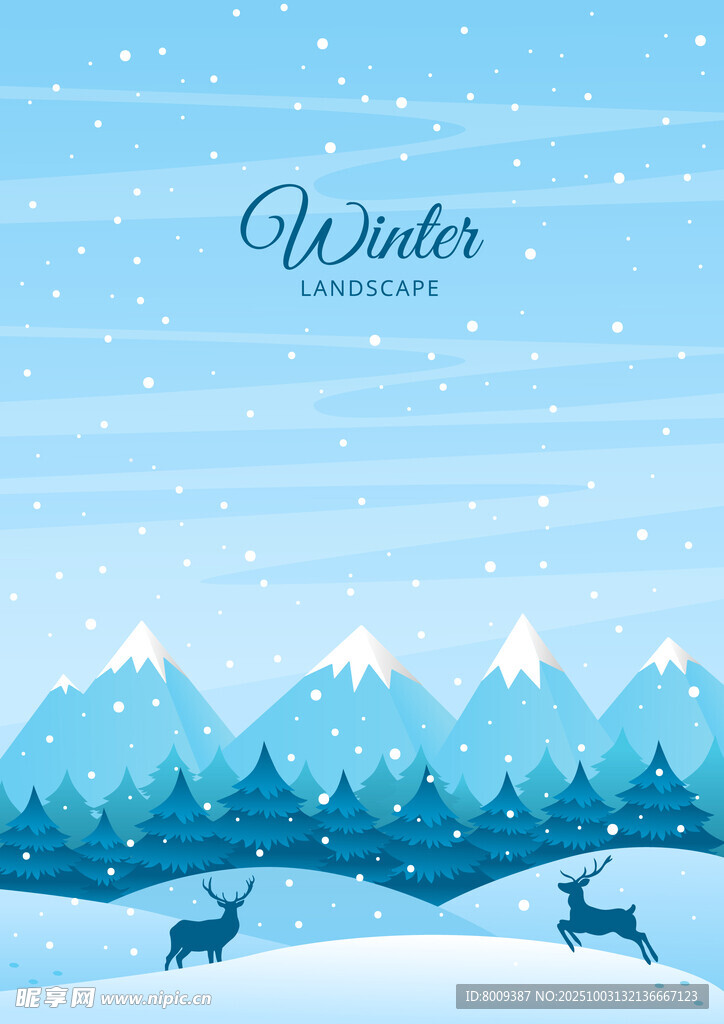 冬日雪景中的驯鹿与山峦