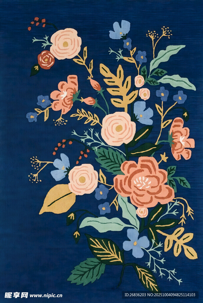 深蓝色布面花卉刺绣图案