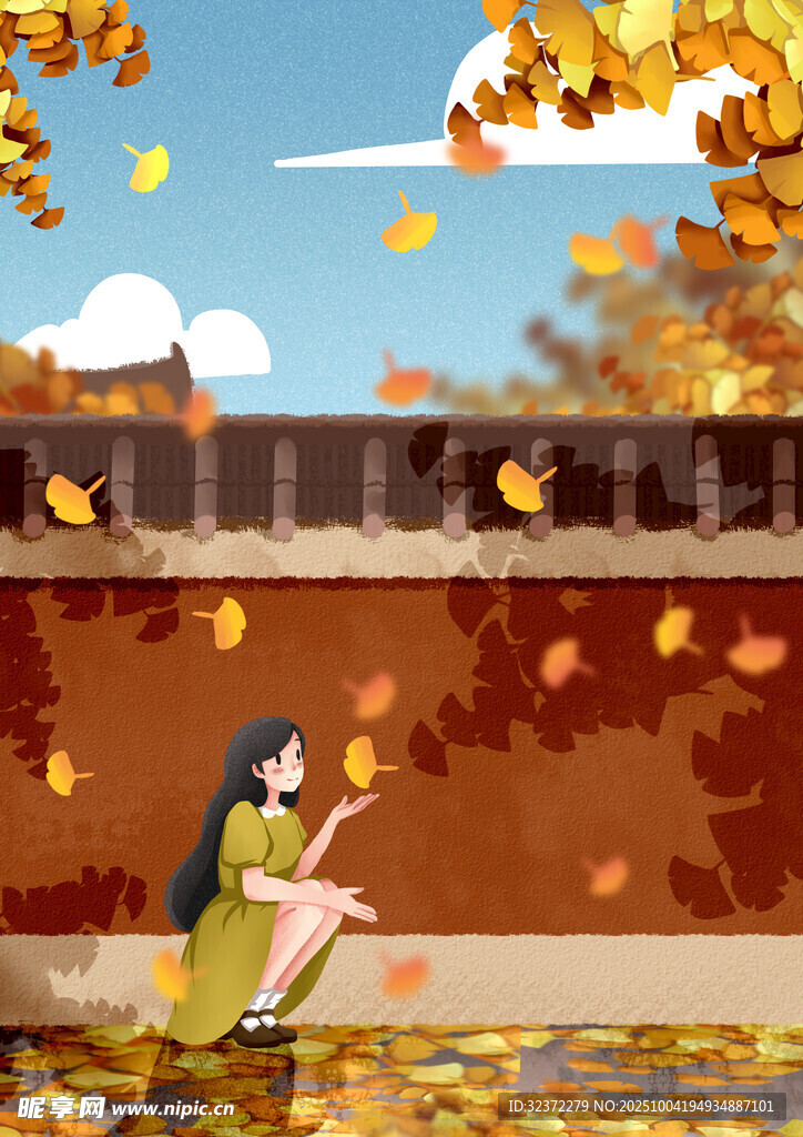 秋日少女赏景 落叶缤纷