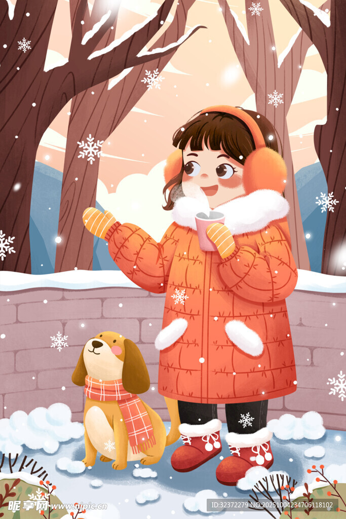冬日女孩与小狗雪中漫步