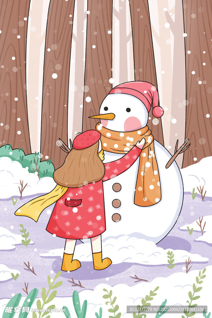 女孩与雪人在冬日森林