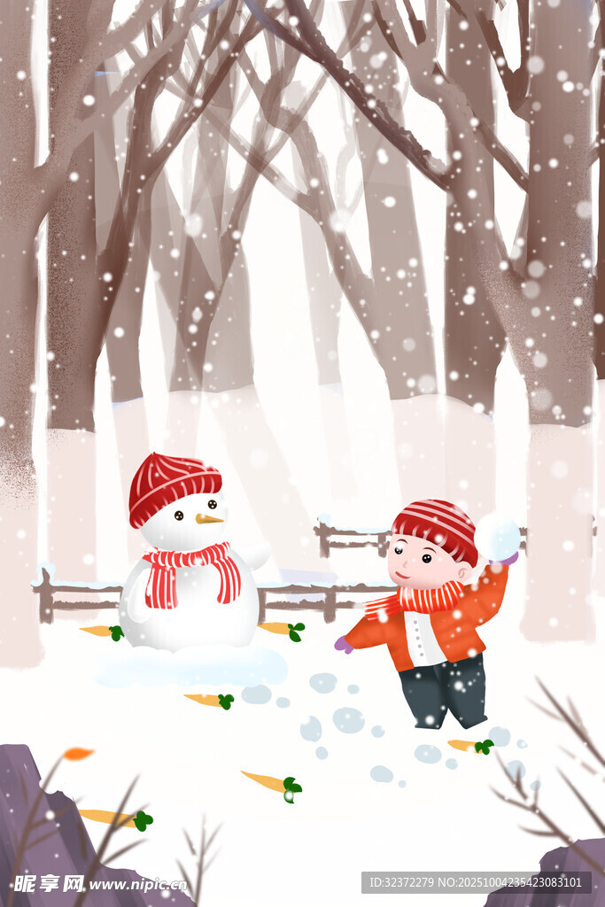 雪地中孩子与雪人欢乐玩耍