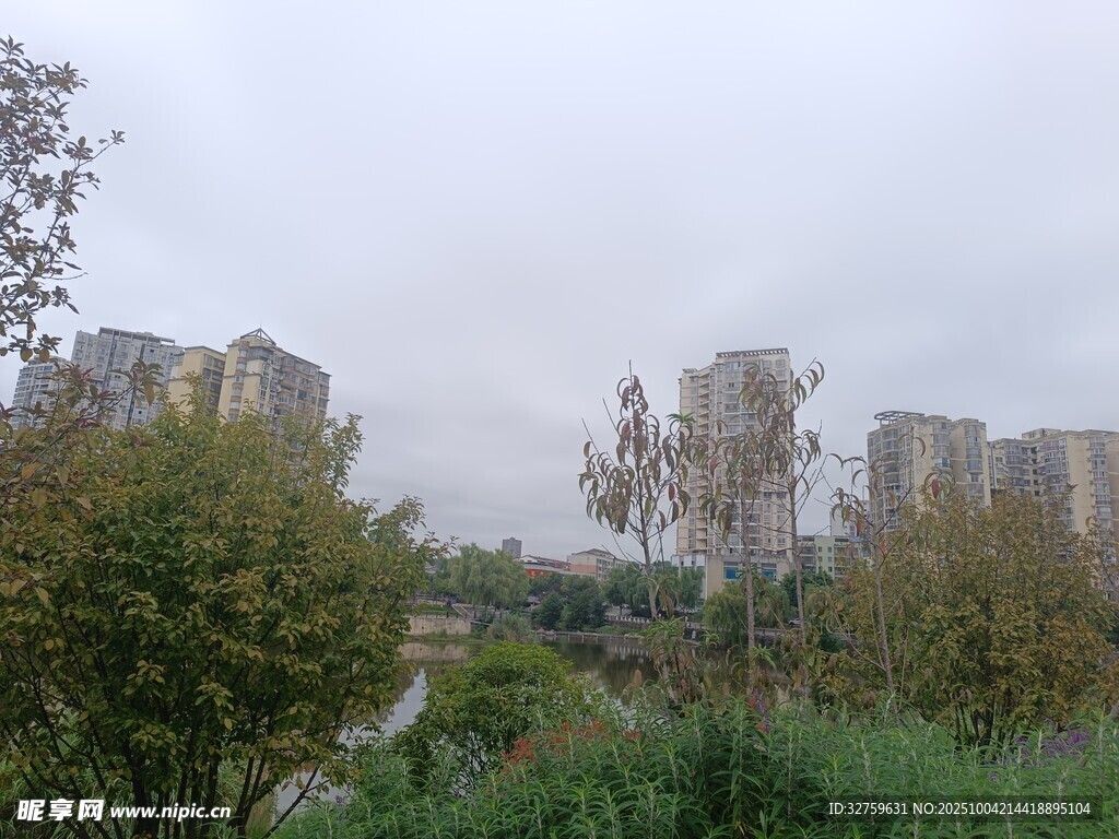 城郊绿植环绕的高楼景观